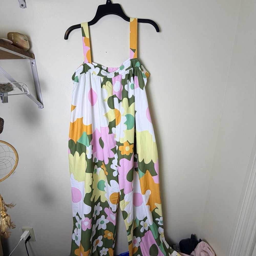 Multicolor Floral Womens Size Xl Jumpsuit Retro Hippy Groovy Wide Leg Sleeveless